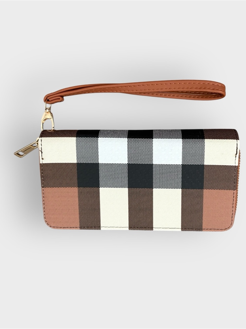 Black Brown Plaid Wristlet Wallet Clutch - Classic, 8 Card Slot